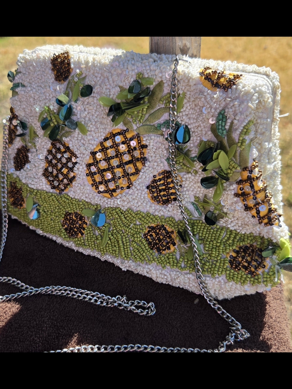 Beaded Pineapple Crossbody Bag - White & Yellow